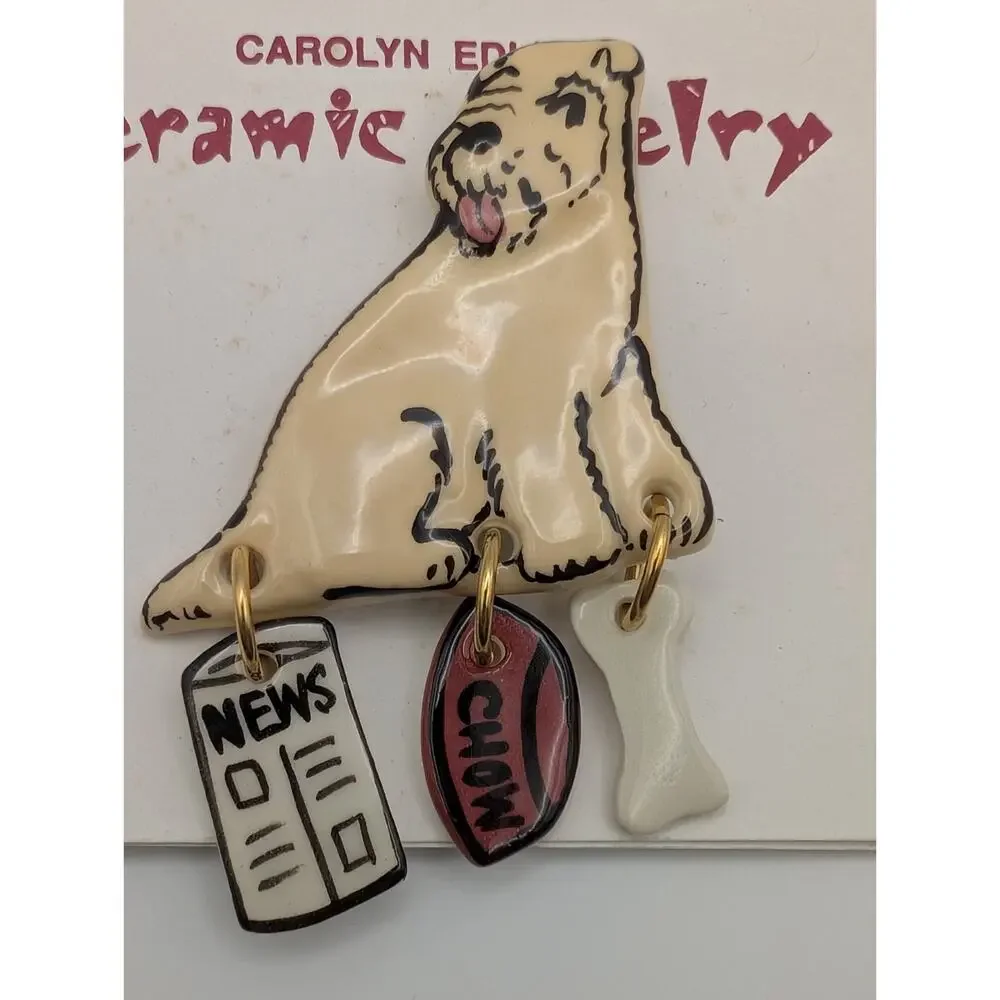 Carolyn Edlund Signed Ceramic Terrier Dog Brooch Handmade USA With Dangling...